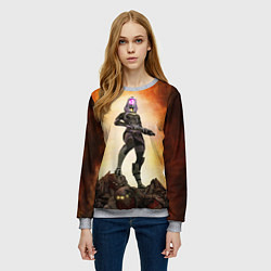 Свитшот женский Кварианка стоит на горе трупов в свете огня, цвет: 3D-меланж — фото 2