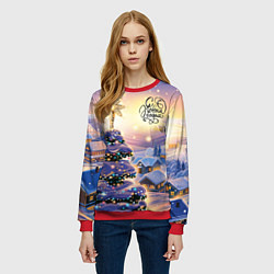 Свитшот женский Новогодняя елочка в деревне, цвет: 3D-красный — фото 2