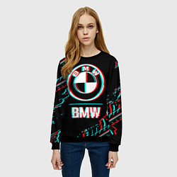 Свитшот женский Значок BMW в стиле glitch на темном фоне, цвет: 3D-черный — фото 2