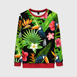 Свитшот женский Тропический паттерн с туканом, цвет: 3D-красный