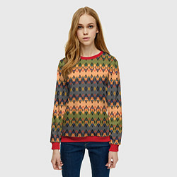 Свитшот женский Желто-оливковый полосатый орнамент, цвет: 3D-красный — фото 2