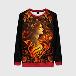 Свитшот женский Девушка в стиле ар-нуво с огнем и осенними листьям, цвет: 3D-красный