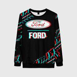 Свитшот женский Значок Ford в стиле glitch на темном фоне, цвет: 3D-черный