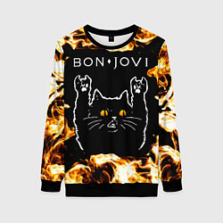 Свитшот женский Bon Jovi рок кот и огонь, цвет: 3D-черный