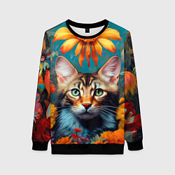 Свитшот женский Дикая кошка в цветах, цвет: 3D-черный