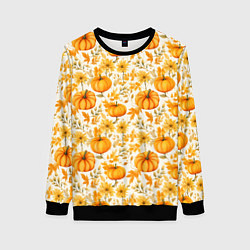 Свитшот женский Тыквы и осенние цветы - паттерн, цвет: 3D-черный