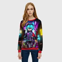 Свитшот женский Cool kitten - cyberpunk - neon glow, цвет: 3D-красный — фото 2