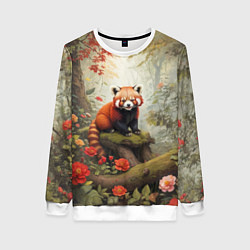 Свитшот женский Красная панда в лесу, цвет: 3D-белый