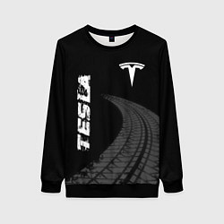 Женский свитшот Tesla speed на темном фоне со следами шин вертикал