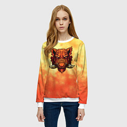 Свитшот женский Огненный дикий кабан на фоне пламени, цвет: 3D-белый — фото 2