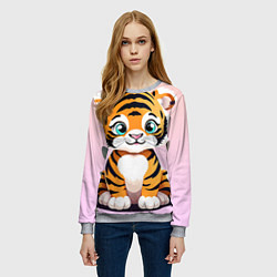 Свитшот женский Милый тигренок с цветами на фоне, цвет: 3D-меланж — фото 2