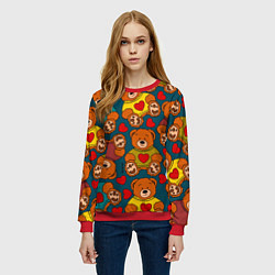 Свитшот женский Мишки игрушки в цветных свитерах и сердечки, цвет: 3D-красный — фото 2