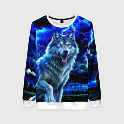 Свитшот женский Грозовой волк с молниями, цвет: 3D-белый