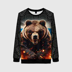 Женский свитшот Русский медведь на фоне флага и огня