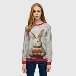 Свитшот женский Влюблённый кролик в свитере с сердцем, цвет: 3D-красный — фото 2