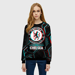 Свитшот женский Chelsea FC в стиле glitch на темном фоне, цвет: 3D-черный — фото 2