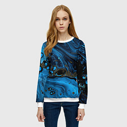 Свитшот женский Черные и синие сияющие волны, цвет: 3D-белый — фото 2