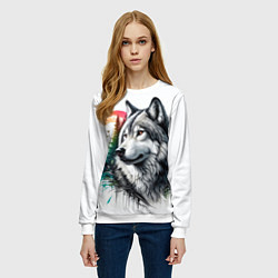 Свитшот женский Портрет волка на фоне природы, цвет: 3D-белый — фото 2