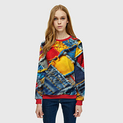 Свитшот женский Colorful denim patchwork - ai art, цвет: 3D-красный — фото 2