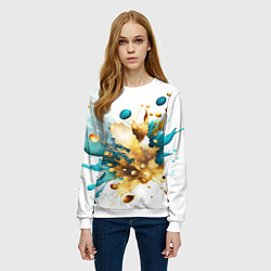 Свитшот женский Бирюзово голубая абстракция, брызги краски на бело, цвет: 3D-белый — фото 2