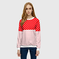 Свитшот женский Красно-белый в горошек с полосами, цвет: 3D-белый — фото 2