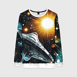 Свитшот женский Космолёт в неоновом космосе - нейросеть, цвет: 3D-белый