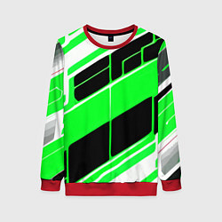 Свитшот женский Зелёно-белые полосы и чёрный фон, цвет: 3D-красный