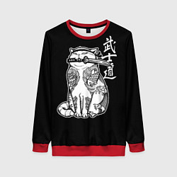 Свитшот женский Кот самурай - вакидзаси в зубах, цвет: 3D-красный