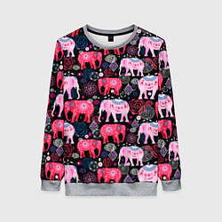 Свитшот женский Орнамент разноцветных слонов, цвет: 3D-меланж