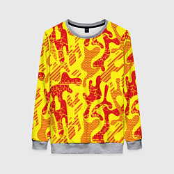 Свитшот женский Абстракция красный рисунок на желтом фоне, цвет: 3D-меланж