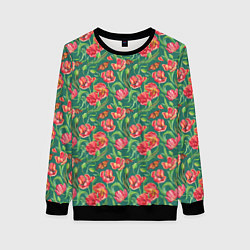Свитшот женский Тюлпаны с бабочками, цвет: 3D-черный