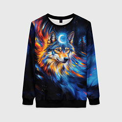 Свитшот женский Волк и луна - импрессионизм, цвет: 3D-черный