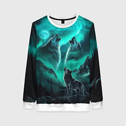 Женский свитшот Волки воют на луну и северное сияние