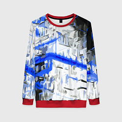 Свитшот женский Сине-белая абстракция на чёрном фоне, цвет: 3D-красный