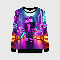 Свитшот женский Чувак с мечом в неоновом городе - Майнкрафт, цвет: 3D-черный