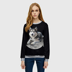 Свитшот женский Хаски на луне, цвет: 3D-меланж — фото 2