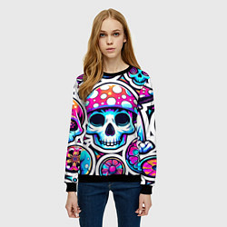Свитшот женский Череп в мухоморной шляпе - нейроарт, цвет: 3D-черный — фото 2