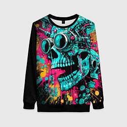 Свитшот женский Cyber skull sketch - color blots, цвет: 3D-черный