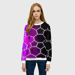 Свитшот женский Белые шестиугольники на чёрно-фиолетовом фоне, цвет: 3D-белый — фото 2
