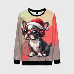 Женский свитшот Бульдожка в шапке Санты в очках и наушниках