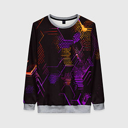 Свитшот женский Жёлто-фиолетовые точки и линии на чёрном фоне, цвет: 3D-меланж