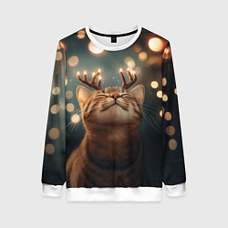 Женский свитшот Довольный рыжий котик с рогами из огоньков