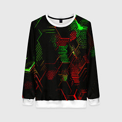 Свитшот женский Красно-зелёные точки и линии на чёрном фоне, цвет: 3D-белый