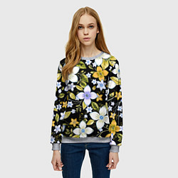 Свитшот женский Жёлто-белые цветы на чёрном фоне, цвет: 3D-меланж — фото 2