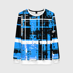 Свитшот женский Сине-белый гранж на чёрном фоне, цвет: 3D-белый