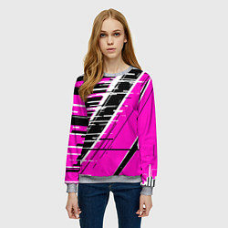 Свитшот женский Чёрно-белые глитч полосы на розовом фоне, цвет: 3D-меланж — фото 2