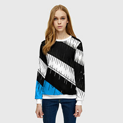 Свитшот женский Диагональные чёрно-белые полосы на синем фоне, цвет: 3D-белый — фото 2