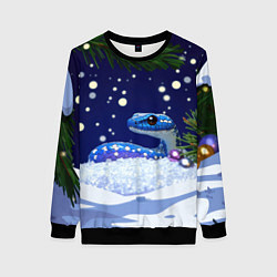 Женский свитшот Синяя новогодняя змея и белый снег