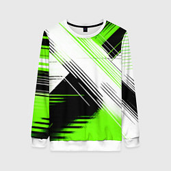 Свитшот женский Диагональные бело-зелёные линии на чёрном фоне, цвет: 3D-белый