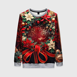Свитшот женский Новогодний венок с пуансеттией - нейросеть, цвет: 3D-меланж